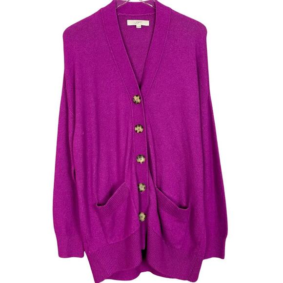 LOFT Womens Fuschia Long Cardigan Sweater Button Front Size Medium - Picture 1 of 6